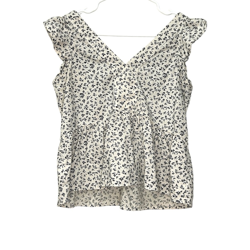 Loft Black and White Floral Tiered Babydoll Peplum Flutter Top Size S